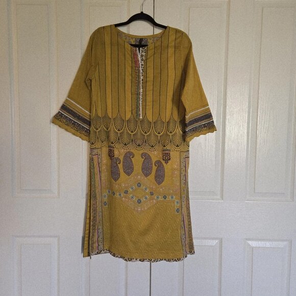 Printed Long Top Yellow Kameez 100% Cotton Causal Wear Dress Size L - Picture 1 of 9